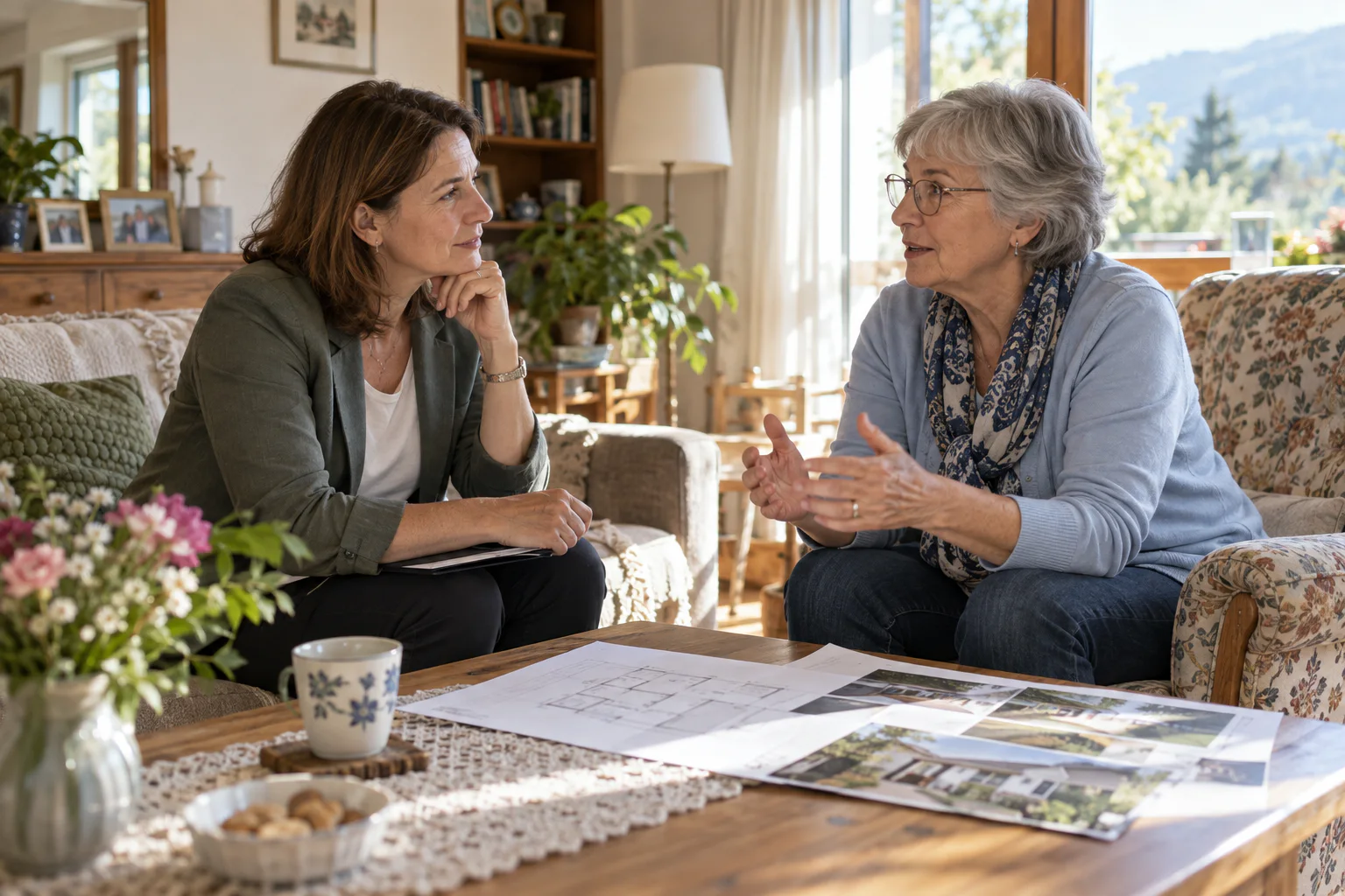 Zwei Frauen im Gespräch am Wohnzimmertisch
