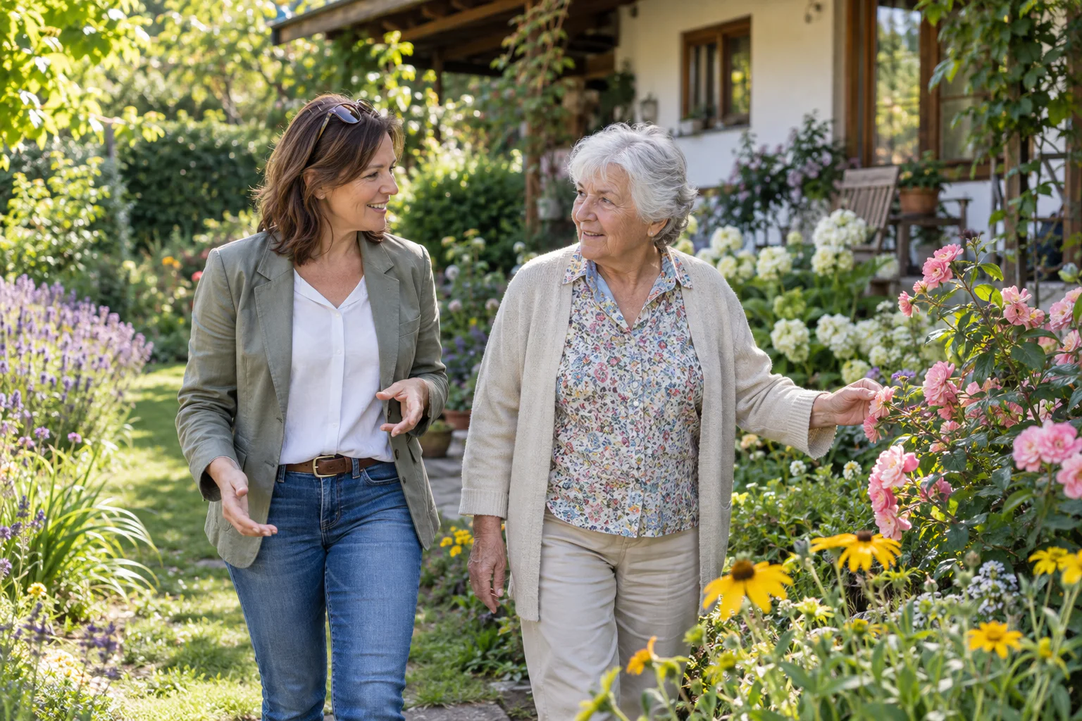 Zwei Frauen gehen durch einen blühenden Garten